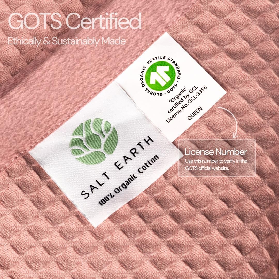 Salt Earth GOTS Certified 100% Organic Cotton Throw Blanket, 90" X 90" Blankets & Throws for Bed, Throw Blanket for Couch,Modern & Cozy Blanket, All Season Waffle Blanket, Soft Blanket (Misty Rose)