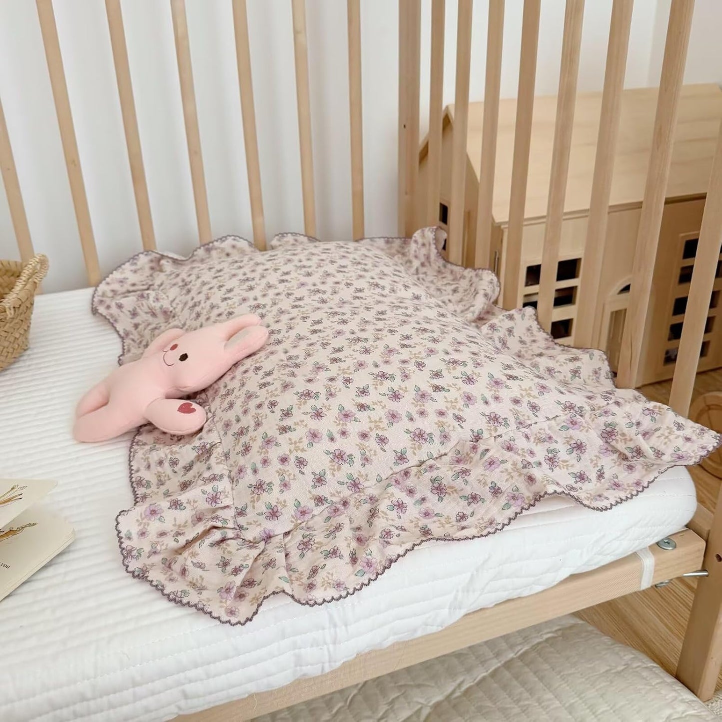 BuLuTu Purple Floral Muslin Cotton Toddler Pillowcases with Ruffles, 1 pc, 14"x20", Oeko-TEX Certified Gauze Muslin Pillow Cover for Girls Boys Crib Size Pillow Cases for All Seasons