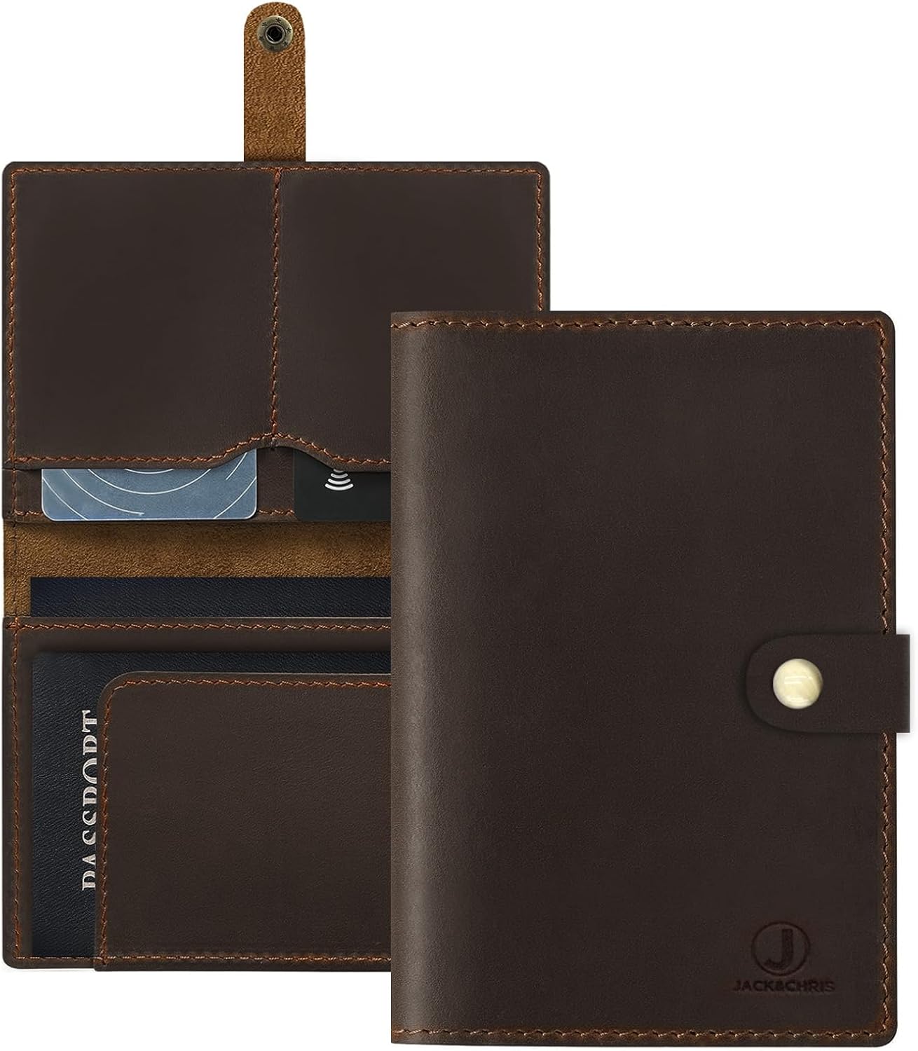Jack&Chris Genuine Leather Passport Holder For Travel, RFID Blocking Handmade Passport Holder with Card Case Organized & Safe, Quality Travel Essentials for Women and Men for Gifting, Coffee