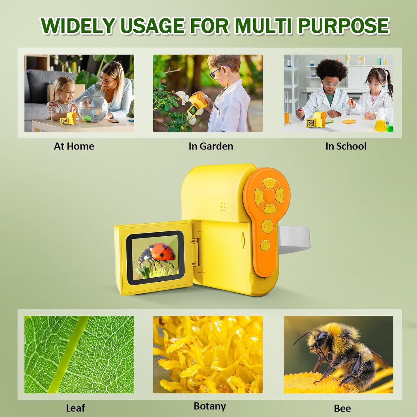 1000X Handheld Microscope for Kids, 4K 2.0" Screen Mini Pocket Microscope with 6 Adjustable LED Lights, Edu Science Birthday Gifts for Kids Ages 8-12, 32G SD Card Included - Yellow