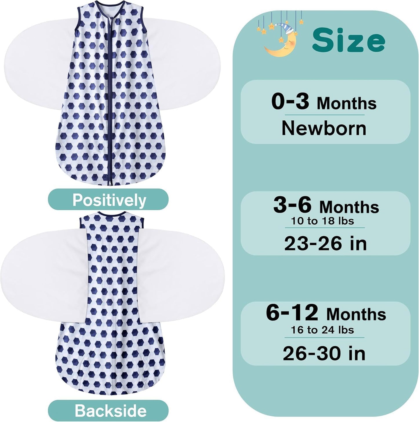 Newborn Sleep Sack Baby Swaddle,3-Way Adjustable Wearable Blanket,100% Rayon Cotton Swaddling Sleeping Bag，TOG 0.5 (Soccer & Triangles, 3-6 Months)