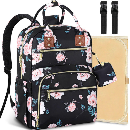 Baby Diaper Bag Backpack, Travel Diaper Bags for Girl Boy Large Capacity Baby Bag Backpack for Women Black Floral
