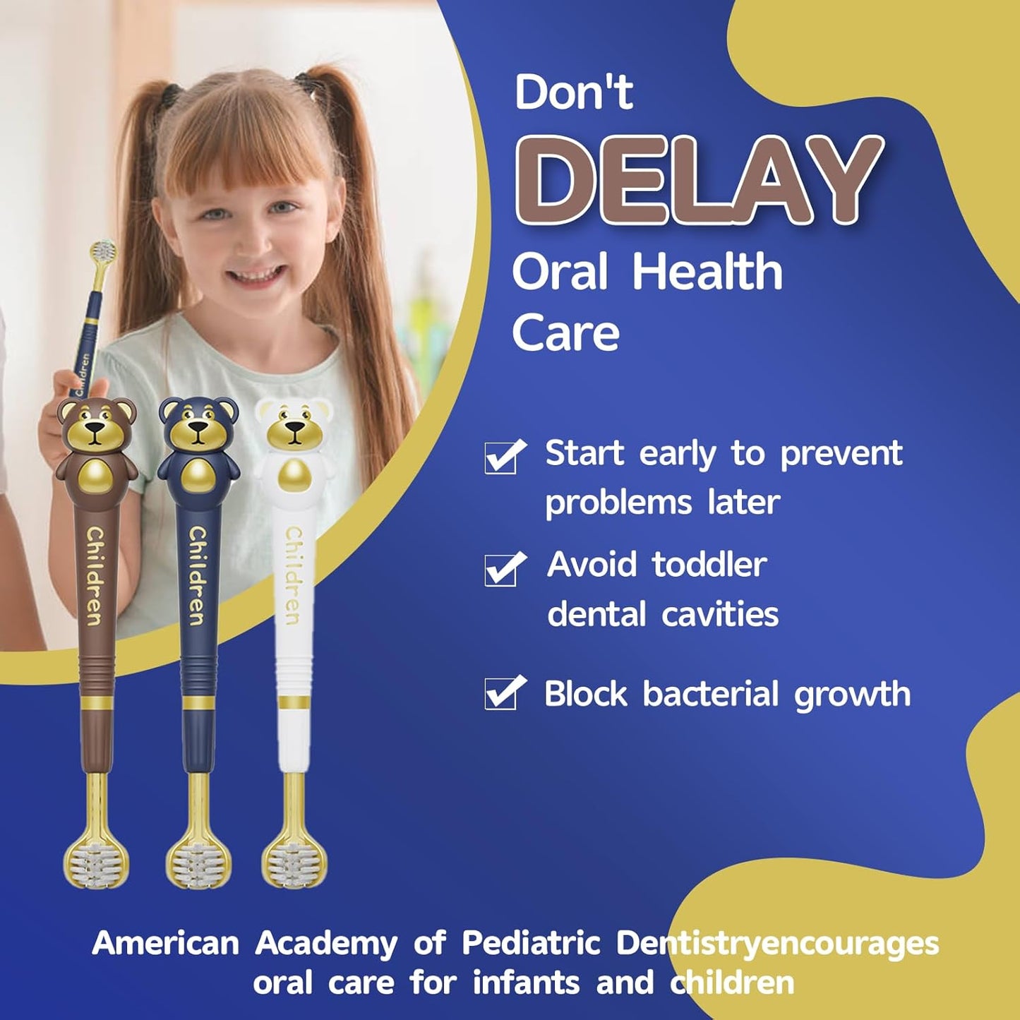 3 Sided Toothbrush for Kids, Japanese Design Triple-Angle Toothhugger, Cartoon Bear Design for Autism Toddlers, Kids Toothbrush for Aged 3-12, Soft Bristles for Gentle Gum Care (3Pack)