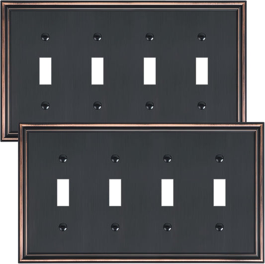 2-Pack Quad Toggle Light Switch Cover Plate, Durable Zinc Alloy Decorative Switch Plate Covers, Aged Bronze 4 Gang Wall Plate for Toggle Light Switch and Rotary Dimmer Switch