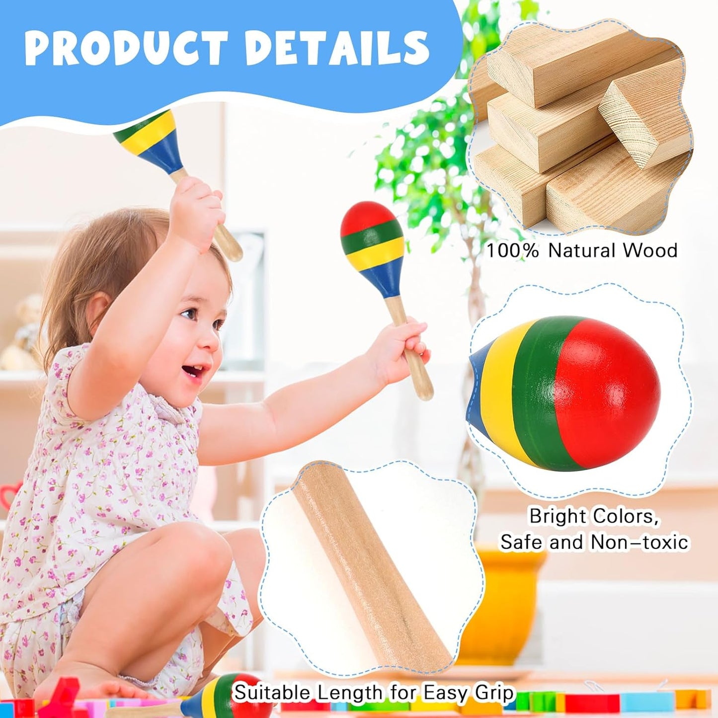 2 Pcs Maracas, Hand Percussion Rattles for Kids, Wooden Rumba Shaker Hand Musical Instruments with Clear Rhythm for Kids Adults Playing (Colorful)