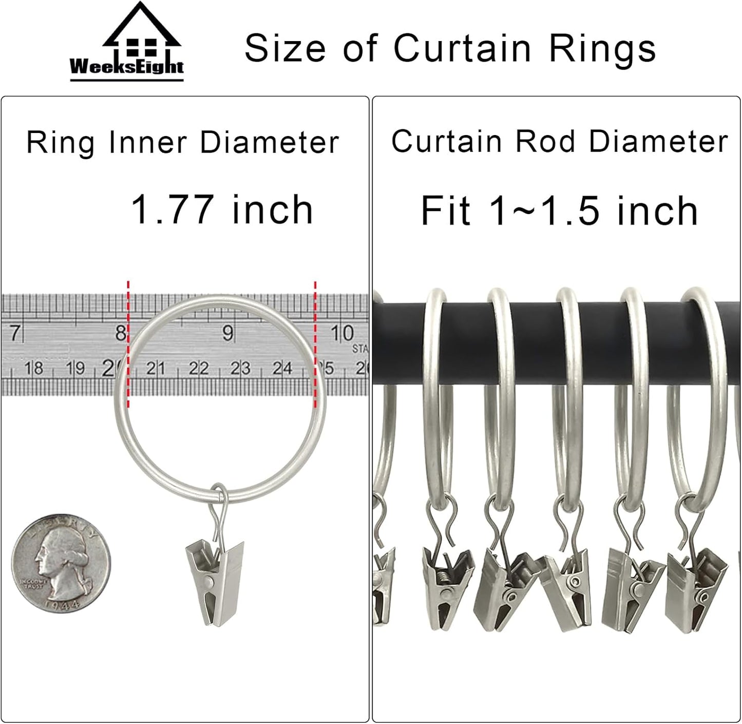 20 Pack Matte Silver Curtain Rings with Clips, Curtain Hooks Hangers Clip Rings for Hanging Drapes Bows Hat, Drapery Rings 1.77 in I D, Fits up to 1.5 in Diameter Curtain Rod.