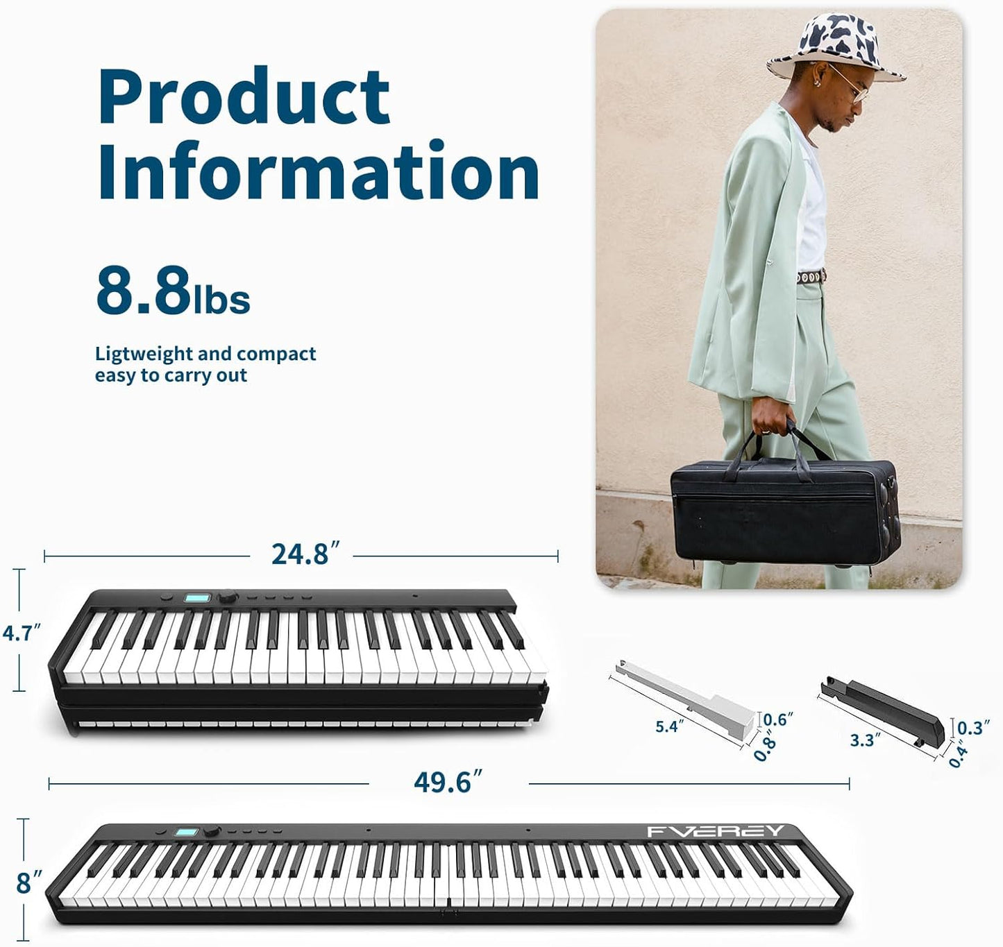 FVEREY Portable Folding Piano Keyboard,Semi-Weighted Folding Digital Piano 88 Key, Full Size Keyboard Electric Piano with Sustain Pedal, Handbag, Bluetooth, USB MIDI for Beginner, Adult
