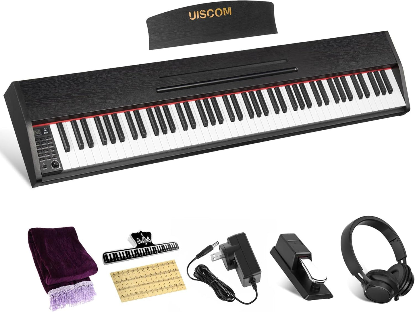 88 Key Digital Piano Keyboard for Beginners,Full Size Electric Piano Semi-Weighted Keyboard with Sheet Music Stand,Pedal,Headphone,Power Adapter,USB-MIDI Compatibility,Wood Grain Black