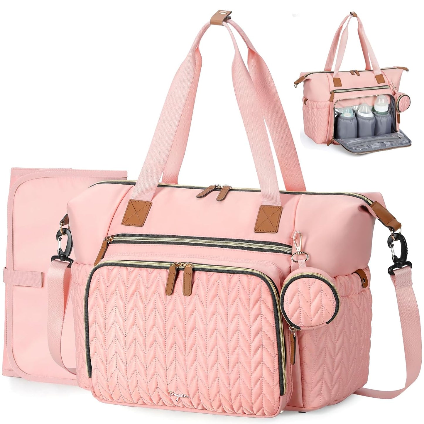 Diaper Bag Tote, Large Diaper Bags Waterproof, Hospital Bag for Labor Delivery, Baby Bag with Pacifier Case, Travel Diaper Tote with Changing Pad, Pink