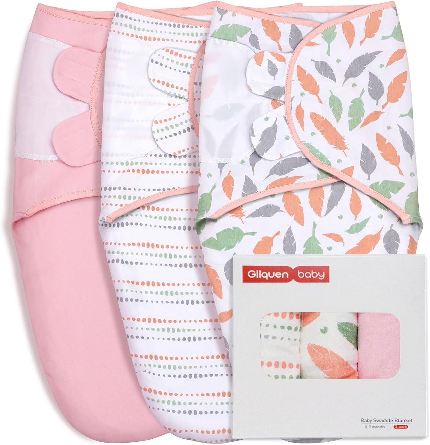 GLLQUEN BABY Swaddle Blankets for Baby Girls, Orange Pink Feather & Wave Point, 3 Pack Wrap Set, Newborn Adjustable Swaddles Sleep Sack, 0-3 Months (Small/Medium)