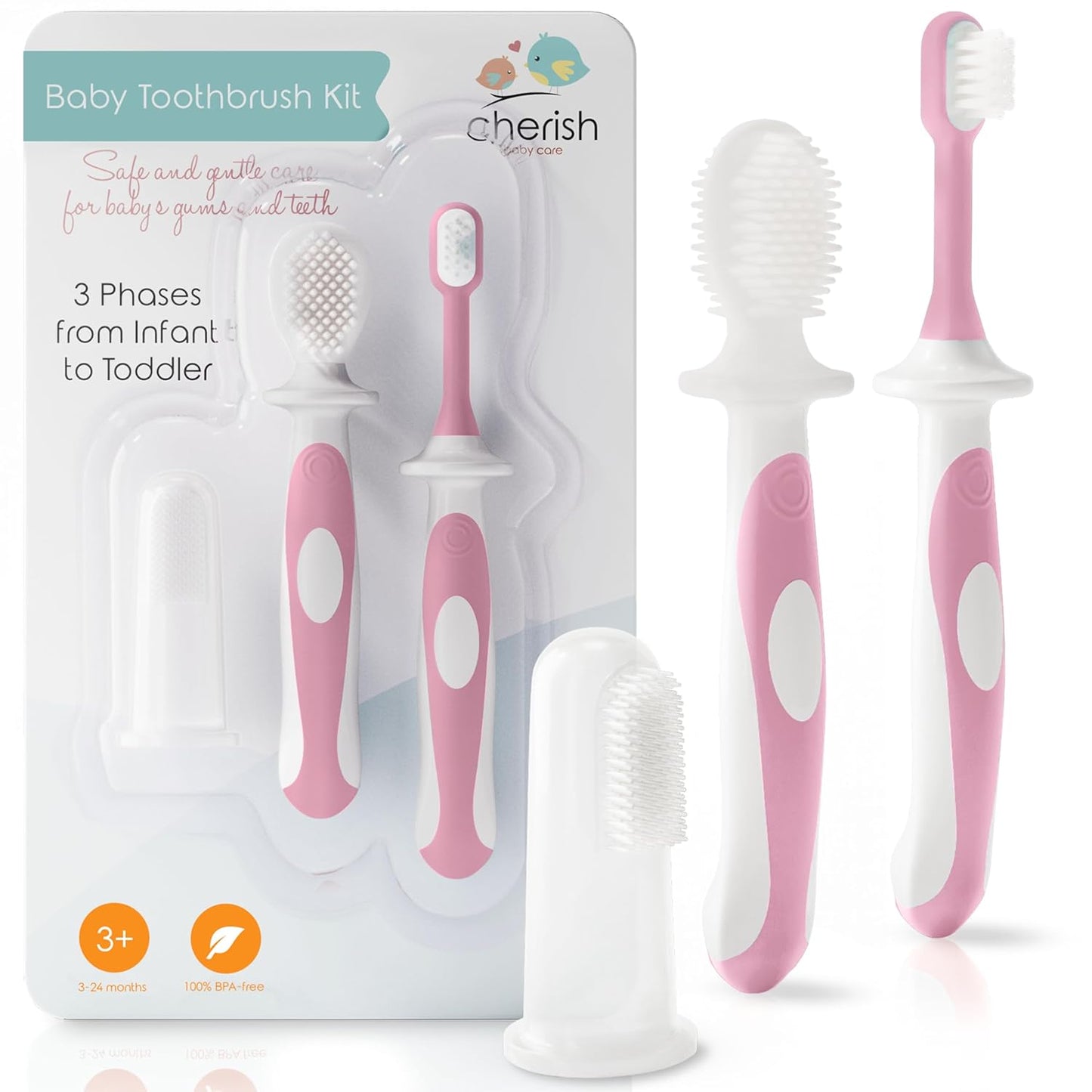 Cherish Baby Care Baby Toothbrush & Toddler Toothbrush Set (0-2 Years) - BPA-Free & Safety-Tested, 2023 Award Winner, Food-Grade Silicone (Pink)