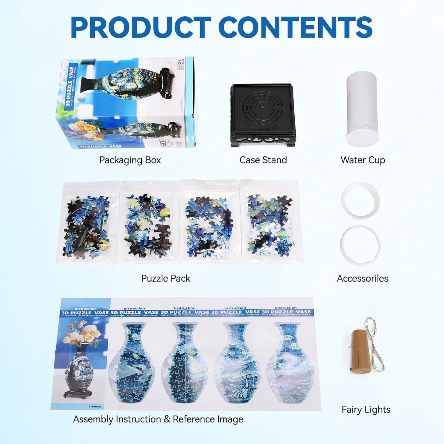 3D Puzzles Vase for Adults, Crafts for Adults, 160 Pieces Plastic DIY Unique Flower Vase with LED Light House Warming Gift Birthday Gifts for Flower Arrangements and Home Decor (Blue)