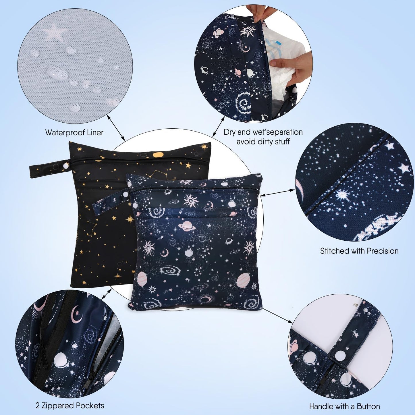 2pcs Cloth Diaper Wet Dry Bags, Waterproof Reusable Wet Bag with 2 Zipper Pockets & Handle, Washable Laundry Bags for Baby Adult Clothes Travel Beach Pool Daycare Yoga Gym Exercise Swimsuits,