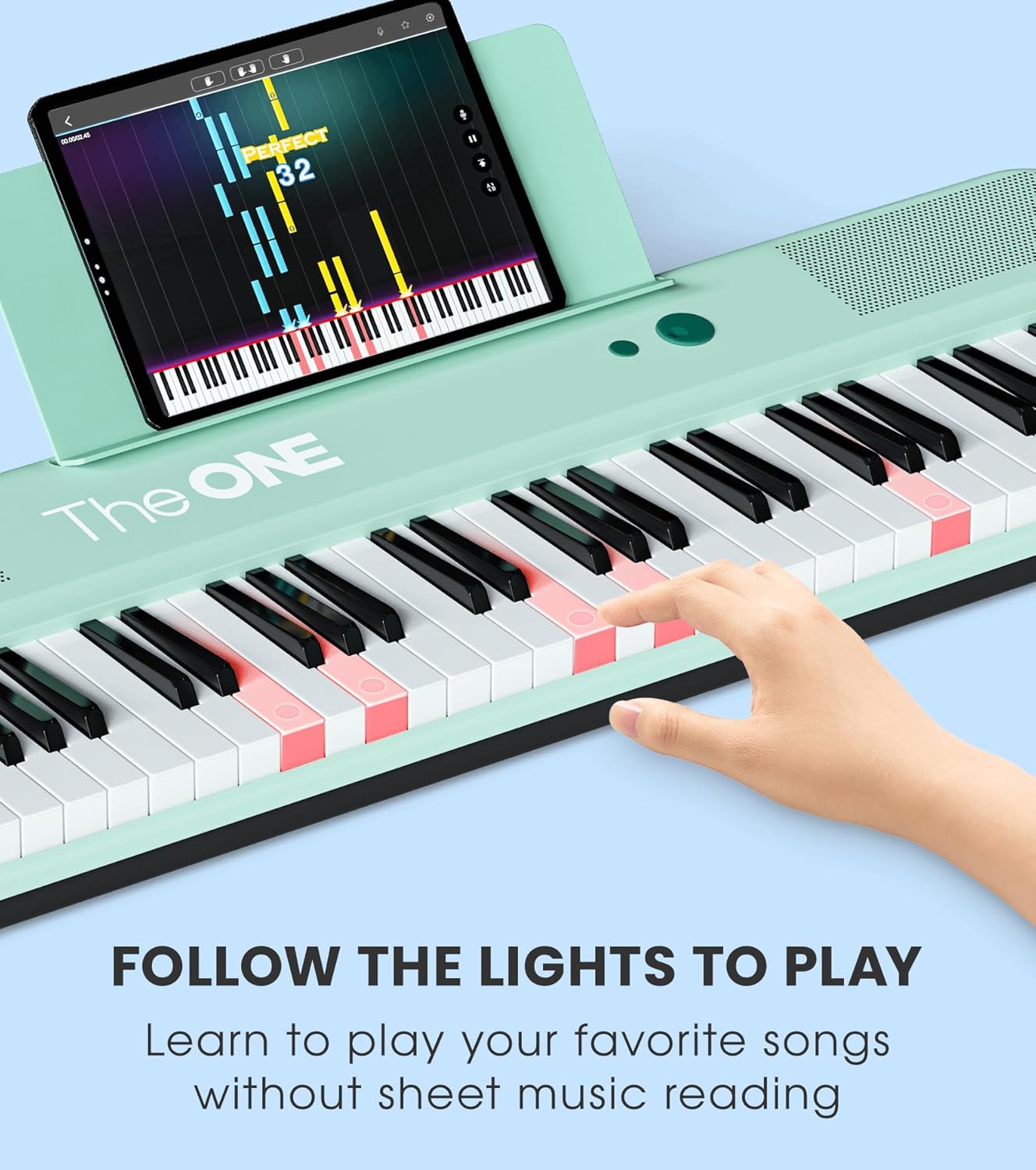 The ONE Smart Keyboard COLOR 61 Lighted Keys Piano Keyboard, MIDI Electric Piano for Beginners with 256 Tones, 64 Polyphony, Built-in LED Lights and Free Apps (Green)