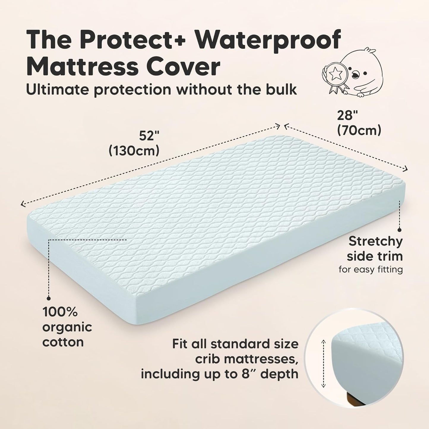 Waterproof Crib Mattress Protector Cover Fitted - 2-Pack Quiet Baby Crib Mattress Pad Sheets, 52" x 28" Soft Quilted Cotton Baby Sheet, Machine Washable, Easy Fit, Durable (Frost/Mavy)