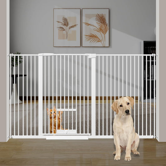 40.55" Tall 1.37" Ultra Narrow Spacing 57.68-73.43" Extra Wide Dogs Pets Baby Gate with Cat Door for Doorway Safety Proof Indoor Puppy Pressure Mounted No Drill White Black Metal Hallway