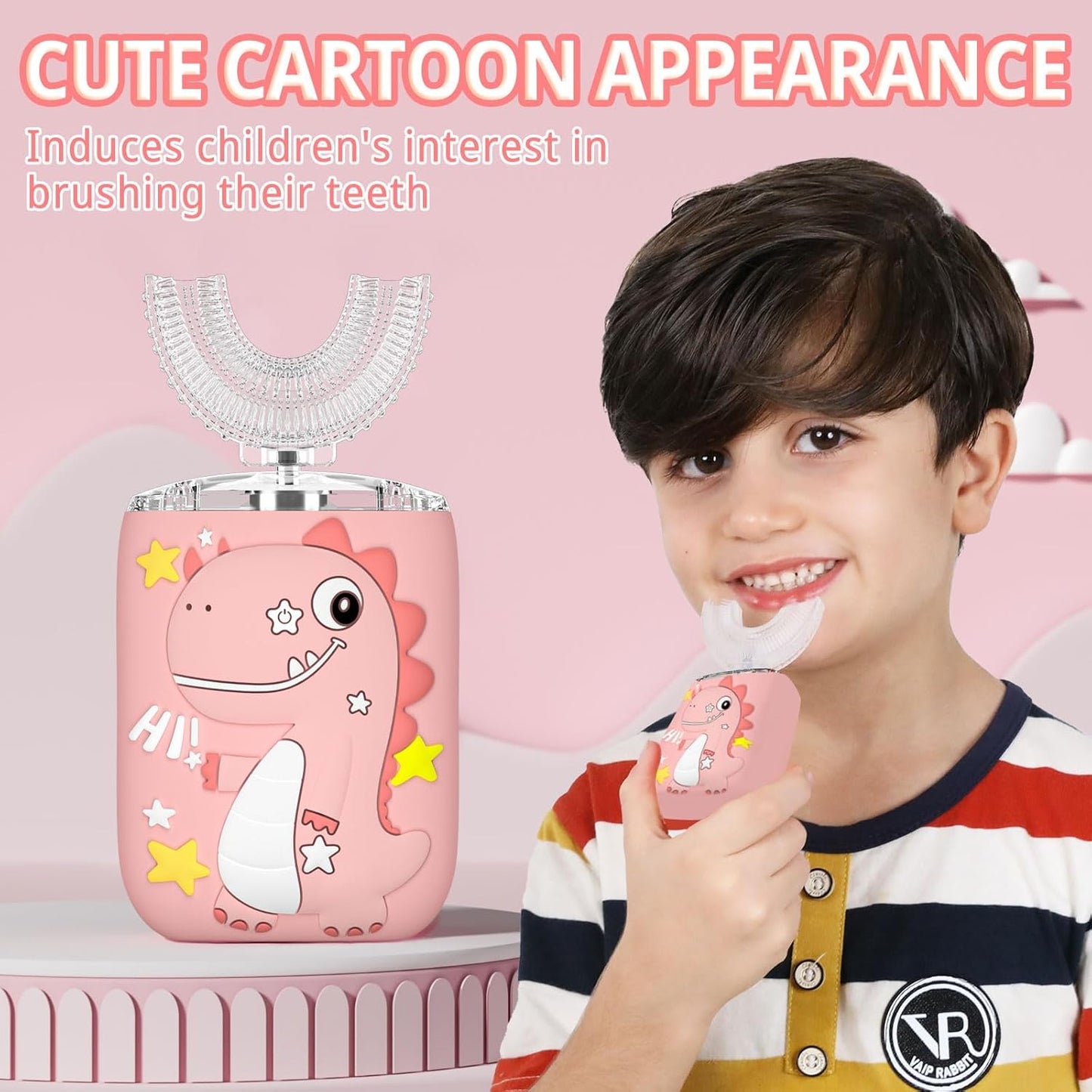 Kids Electric U Shaped Toothbrush,Kids Sonic Full Mouth Toothbrush with 4 Soft Brush Head Automatic Rechargeable 6 Cleaning Modes IPX7 Waterproof 360 Degree Cleaning - Age2-7 Pink