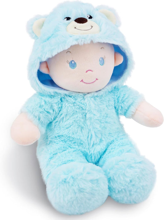 June Garden 12" Sweet Dolly Fuzzy - Stuffed Ultra Soft Baby Bear Doll for Birth and Up - Removable Blue Outfit