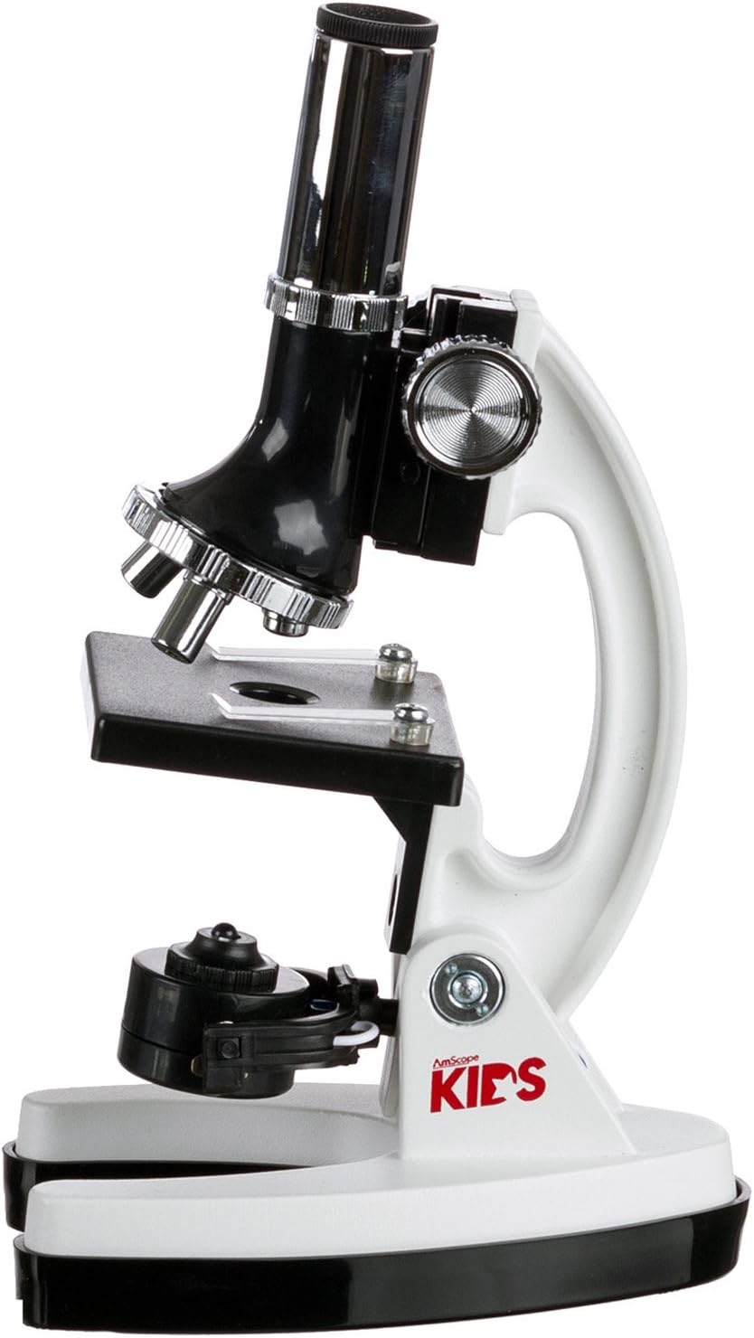 AmScope M30 Series 52-Piece STEM Microscope Kit for Kids - Monocular, Portable Compound Microscope for Kids - Includes The World of The Microscope, Petri Dish, Slides & More - White