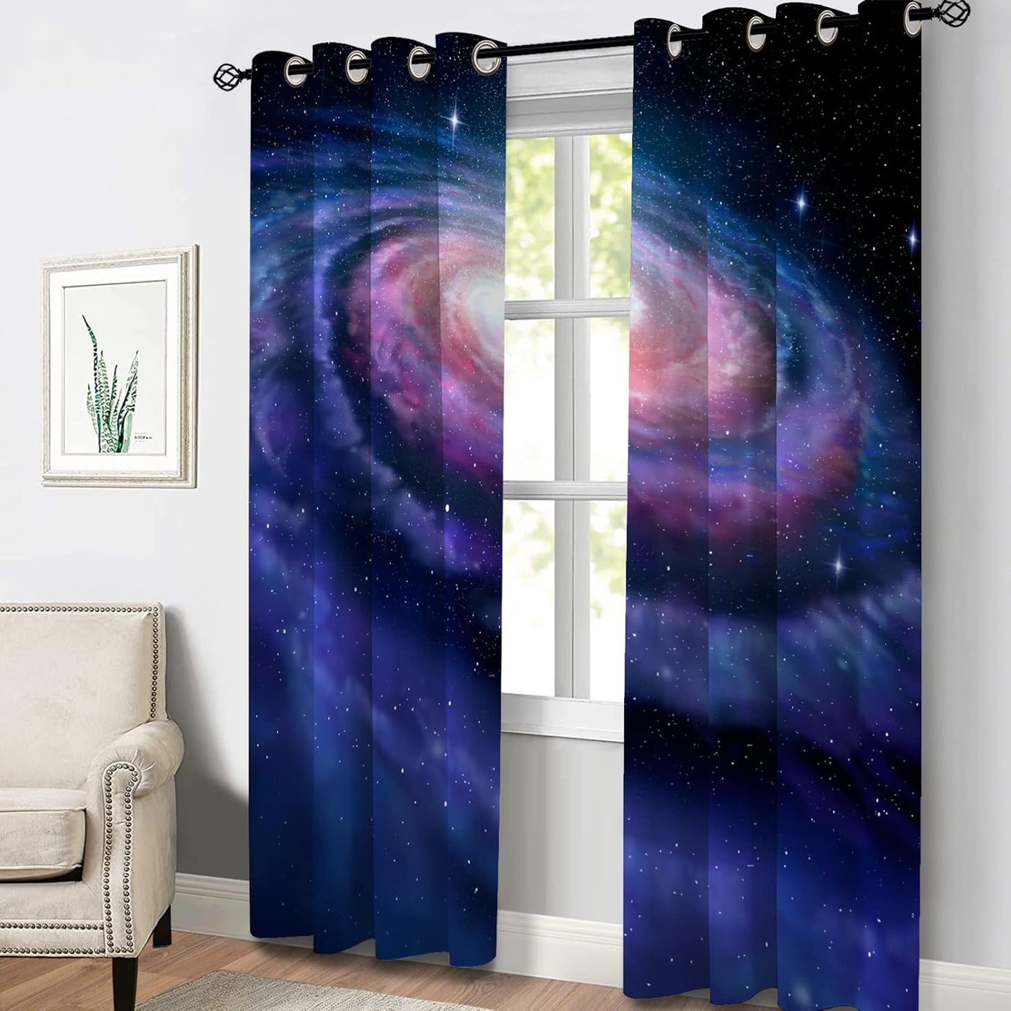 Aimego Galaxy Blackout Curtains Outer Space Universe Nebula Starry Sky Solar Planet Window Drapes Decor for Kids Boys Teens Bedroom Grommet Top Room Darkening Curtains 2 Panel Set, 52"X84"