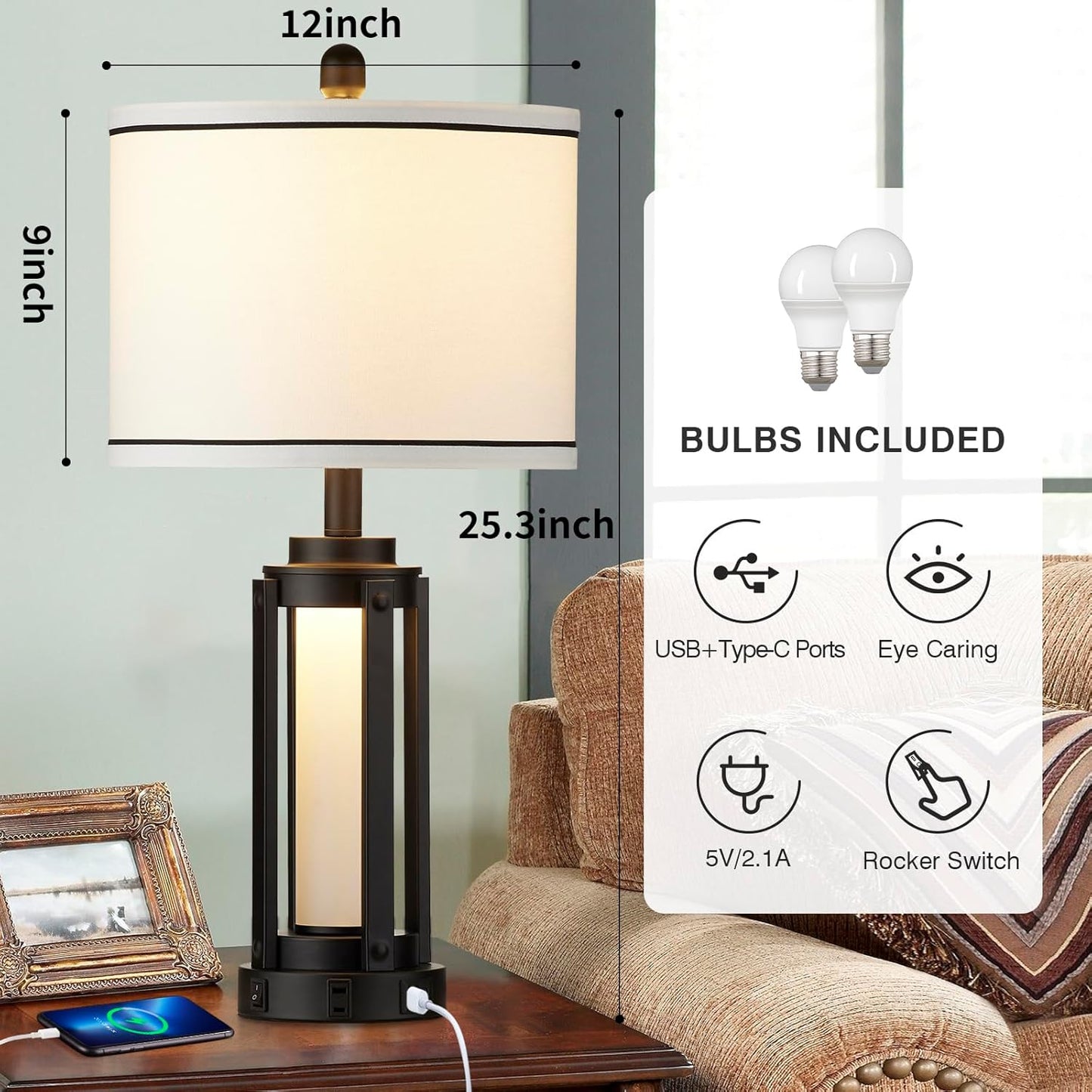 25" Modern Table Lamps Set of 2, Industrial Beside Lamps with USB A+C Charging Ports & AC Outlet, Nightstand Lamp with Glass Night Light for Living Room Bedroom End Table Decor White(4 Bulbs Included)
