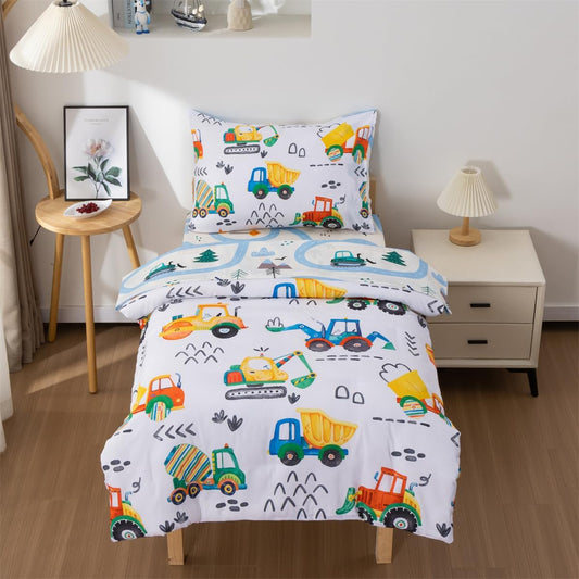 NTBED 4 Pieces Construction Toddler Bedding Set for Baby Boys,Watercolor Truck Vehicles Excavator Cars Printed, Includes Comforter, Flat Sheet, Fitted Sheet and Pillowcase,Multi