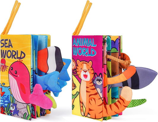 Baby Books 0-6 Months, 2PCS Crinkle Books for Babies, Touch and Feel Sensory Cloth Book 6-12 Months, Tummy Time Toys, Baby Toys for Newborn 6 Page Pink