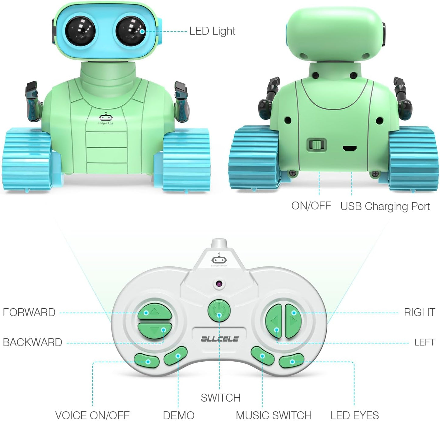ALLCELE Robot Toys, Rechargeable RC Robots for Kids Boys, Remote Control Toy with Music and LED Eyes, Ideal Gift for Children-Green Blue