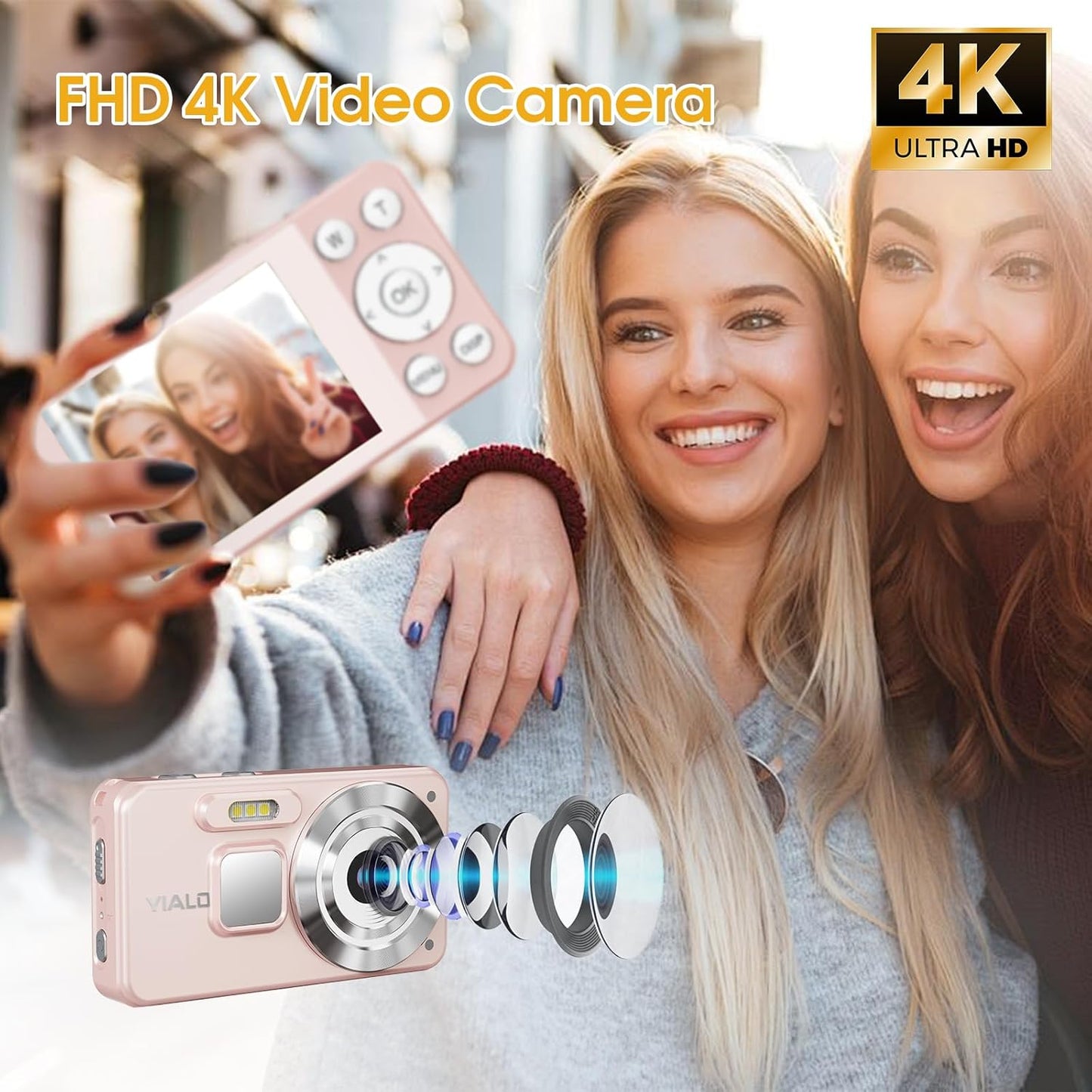 4K Digital Camera for Teens, FHD 64MP Digital Camera for Kids with 64GB SD Card, 18X Digital Zoom Cameras for Photography, Point and Shoot Video Camera for Kids, Pink