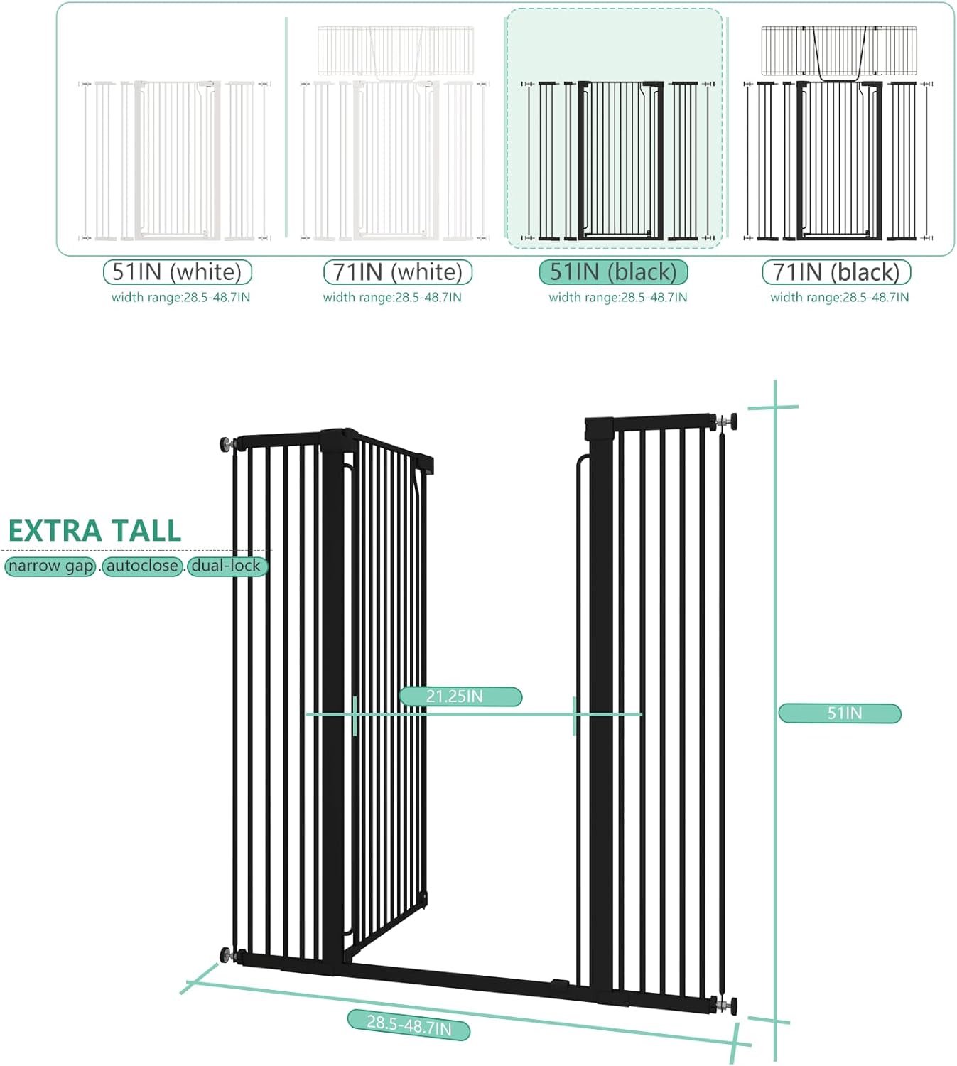 51" Extra Tall Cat Gate for Doorway Auto Close Encrypted Cat Gate 28.5"-48.7" Adjustable Width Pet Gate Include 5.5" and 8.26" Extension Kits No Drilling Pressure Mount Kit