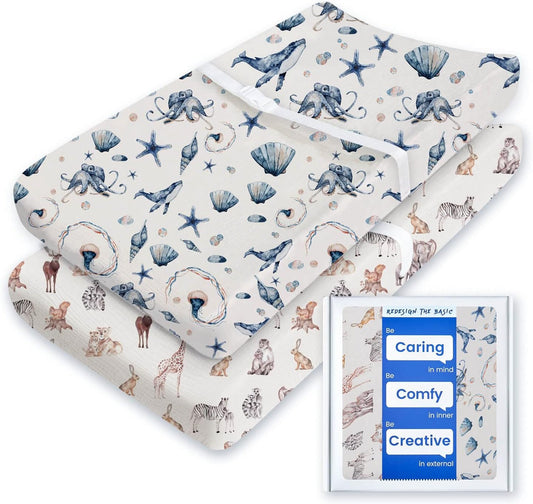 Extra Stretchy Changing Pad Cover, TotBasic Ultra Soft Premium Jersey Knit Changing Pad Sheets, Unisex for Boys Girls, Fits All Standard Changing Tables/Dresser Tops - 2 Pack (Ocean Pals + Wildlife)