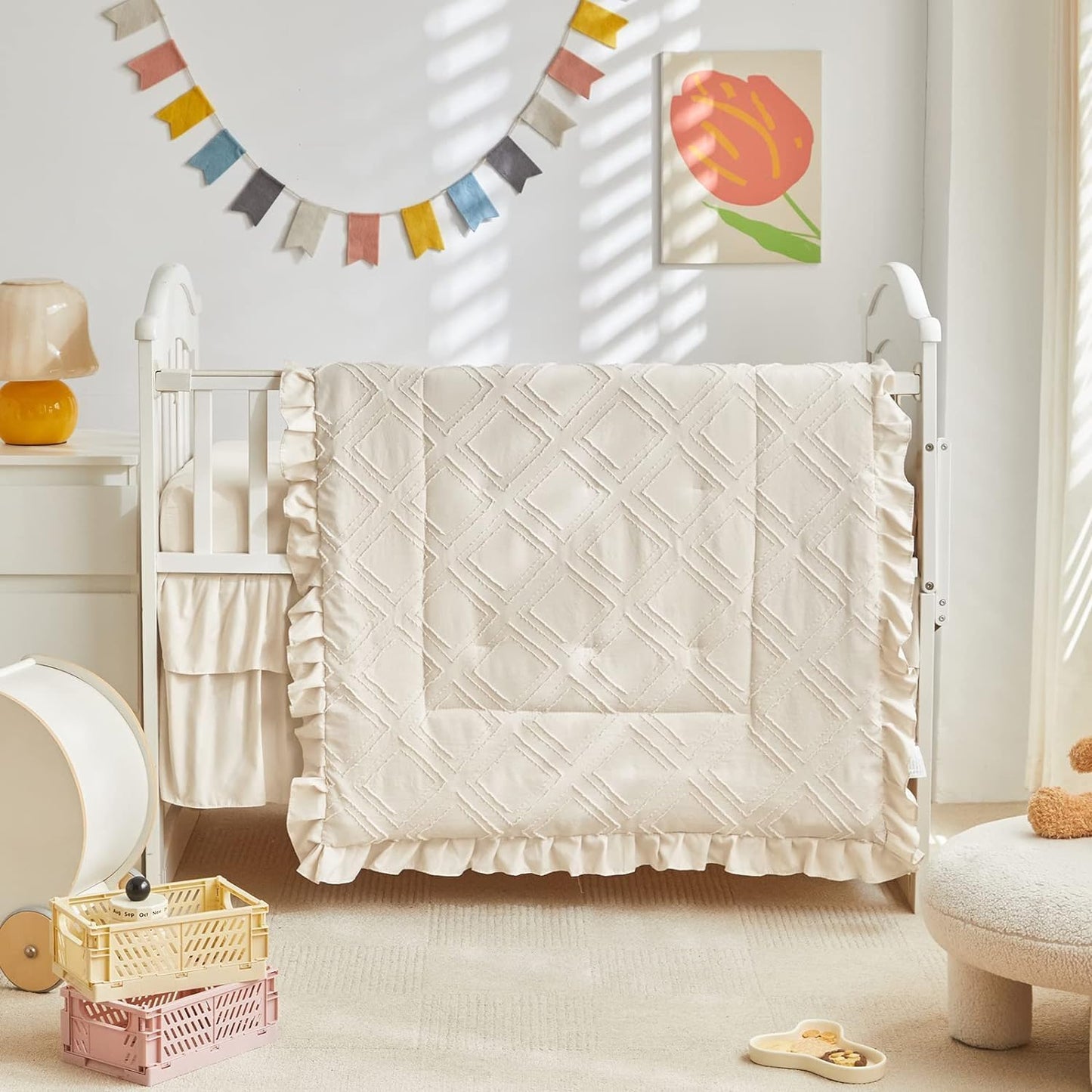 Mini Crib Bedding Set 3 Pieces Baby Boho Quilted Tufted Ruffles Comforter with Fitted Sheet and Ruffled Bed Skirt - Cute Shabby Baby Bedding Fits Mini Crib Only Cream White