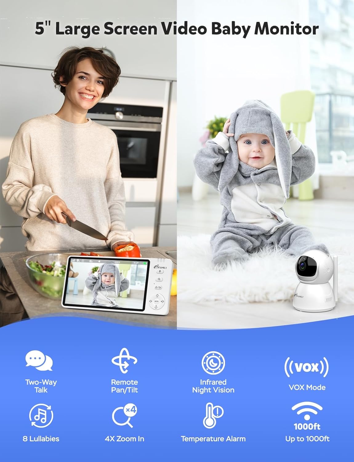iFamily Baby Monitor with Camera and Audio – 720P HD Resolution, Large Display, 5000mAh Battery, Night Vision, Remote Pan, Tilt, and Zoom – Two-Way Talk, Lullabies, Thermal Monitor, 960ft Range