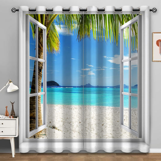 Aimego Ocean Beach Blackout Curtains Tropical Palm Trees White Wooden Window Scenery Decor for Bedroom Living Room Window Drapes Grommet Top Room Darkening Curtains 2 Panel Set 52"X63"