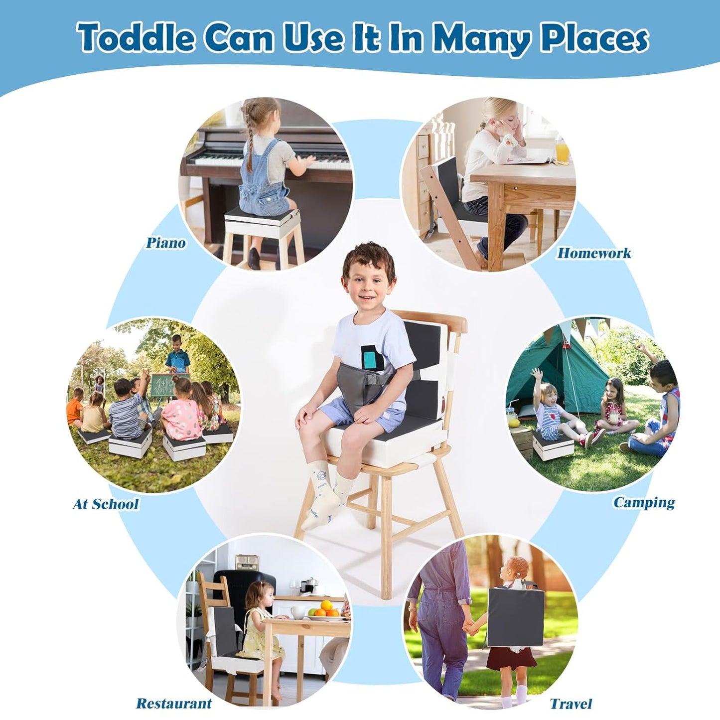 Toddler Booster Seat for Dining Table Kitchen Chair, Waterproof Non-Slip with Backrest & Adjustable Straps, Portable PU Travel Baby Kids Booster Seat Cushion