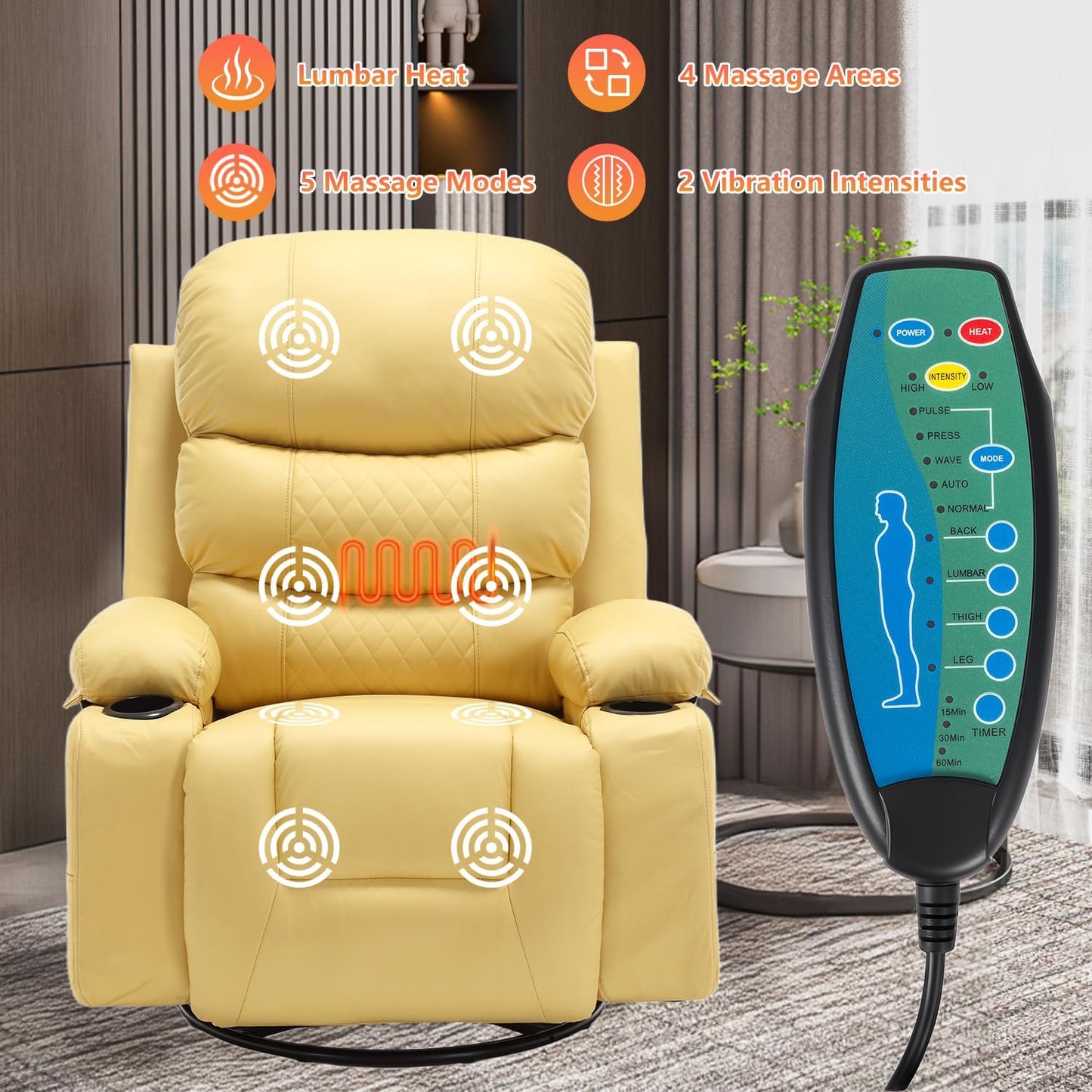 KCQ Massage Swivel Rocker Recliner Chairs with Heat Cup Holders Faux Leather Overstuffed Manual Reclining Chair Rocking Glider Chair for Adults, Yellow