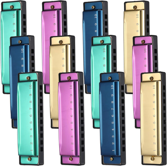 12 Pcs Harmonica Set 10 Hole 10 Hole 10 Tones Titanium Color Harmonica with Case Diatonic Chromatic Harmonica Musical Mouth Organ for Beginner Students Adults Instruments Gifts, 4 Colors