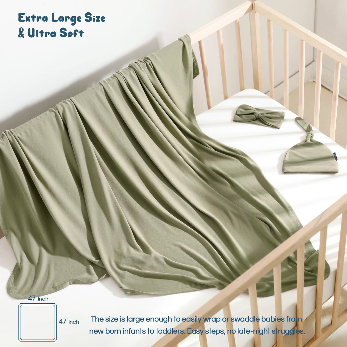 GRSSDER Newborn Swaddle Blanket, Ultra Soft Jersey Receiving Blanket with Matching Headband and Beanie Set, 47×47" Extra Large Nursery Swaddle Wrap for Girls and Boys