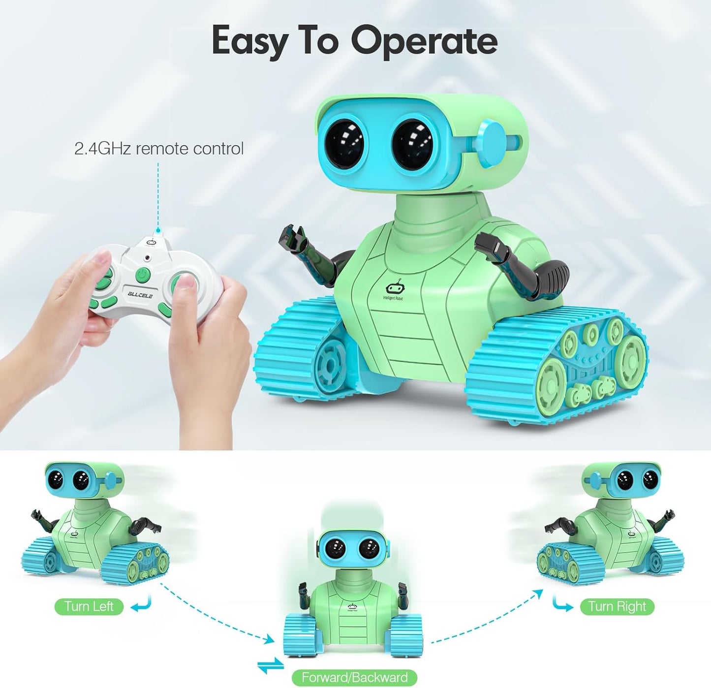 ALLCELE Robot Toys, Rechargeable RC Robots for Kids Boys, Remote Control Toy with Music and LED Eyes, Ideal Gift for Children-Green Blue