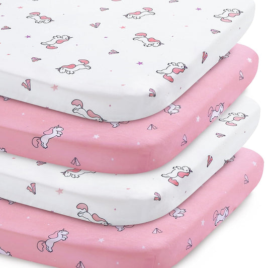 Bassinet Sheet 4 Pack for Baby Girls, Bassinet Sheets Universal Fit for Rectangle, Oval, Hourglass Bassinet Pad/Mattress, Stretchy Bassinet Sheets, Pink Print