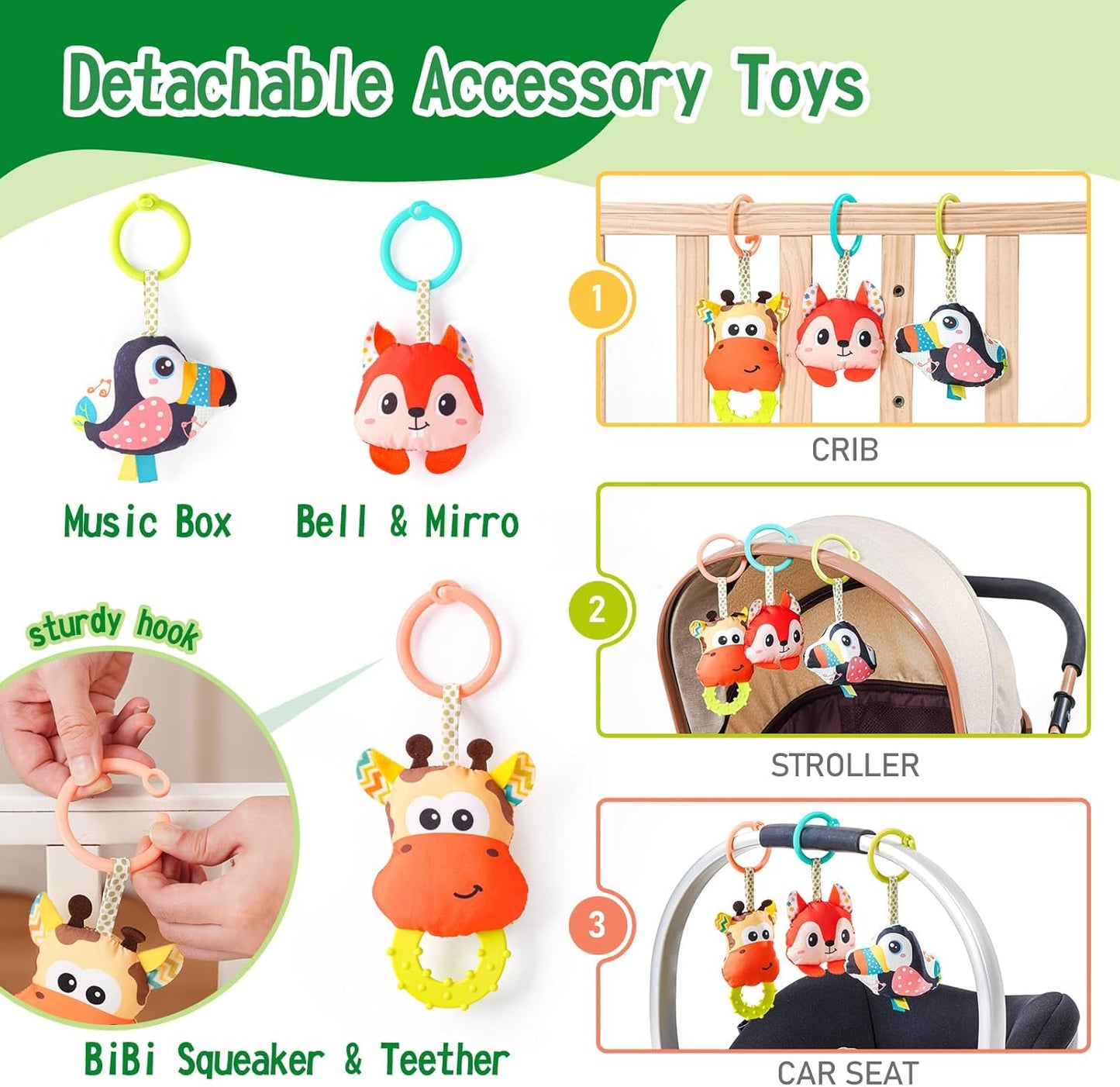 Jollybaby Crib Stroller Car Seat Toys for Baby 0-3-6-9-12 Months, Tummy Time Hanging Sensory Toys for Newborn with Music Box and Teether, Spiral Carseat Toy for Infant Boys Girls Gifts (Grey)