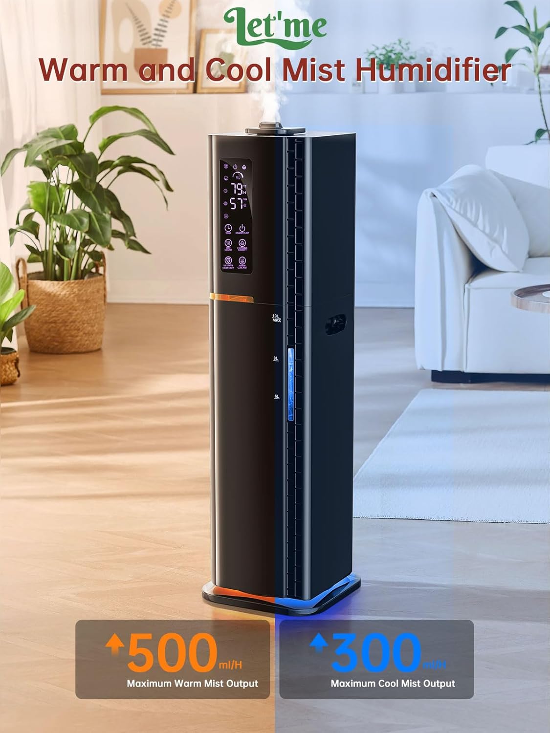 2.64Gal Humidifiers for Bedroom Large Room, Warm and Cool Mist up to 500ft², Top Fill Diffuser Ambient Light, 3 Mist Modes, 24H Timer, 35dB Quiet Humidifier for Home Office Plant