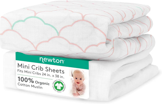 Newton Baby Mini Crib Fitted Sheets (2-Pack) | Organic Muslin Cotton, Ultra Breathable & Soft Baby Sheets, Washable Baby Mattress Sheets, Fits Any Mini Sized Crib 24" x 38", Dreamweaver Coral + White