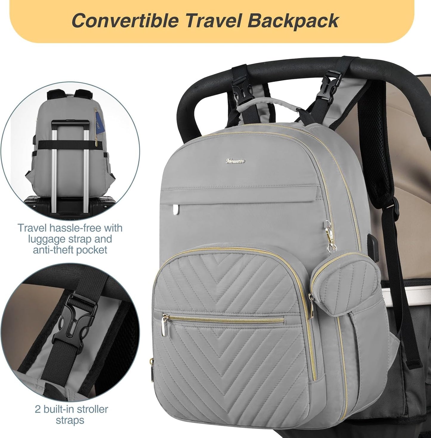 MOMUVO Diaper Bag Backpack, Quilted Baby Bag with Changing Pad and Stroller Straps and Pacifier Case, Large Travel Diaper Bags for Mom Dad, Grey