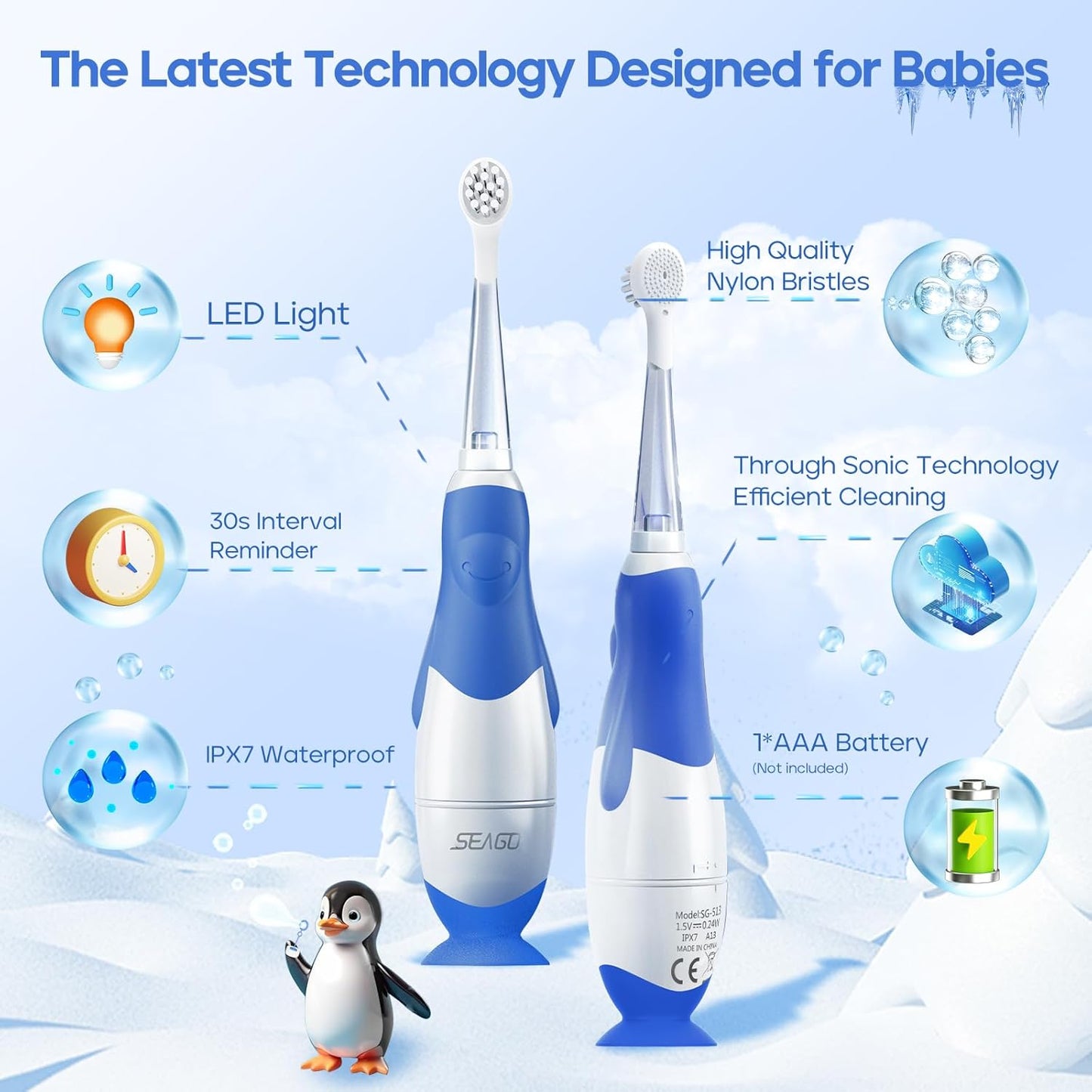 SEAGO Toddler Electric Toothbrushes for Baby Ages 0-3 Years, Baby Toothbrush with Smart Timer and Suction Base, 4 Replacement Brush Heads SG-513 (Navy-C)
