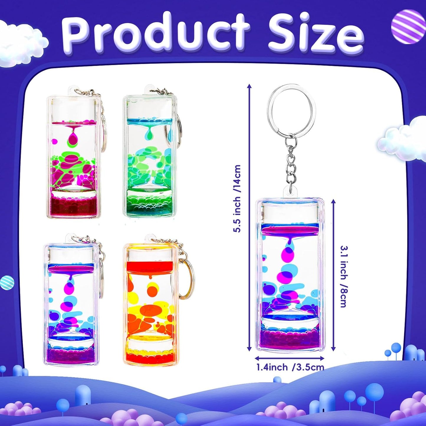 4 Pack Colorful Liquid Motion Keychain, Acrylic Sensory Toy for Stress Relief, Holiday Gift for Kids & Adults