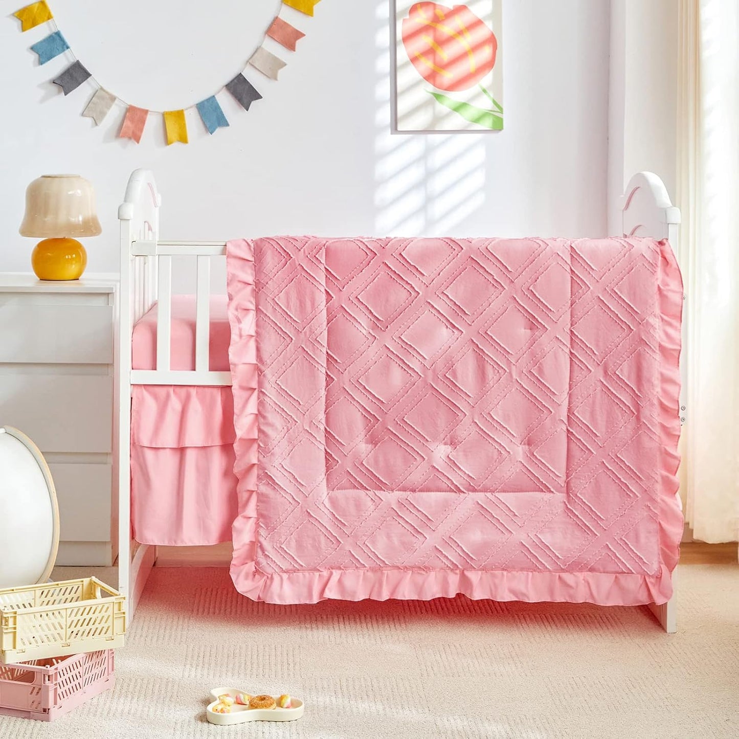 Tufted Ruffle Crib Bedding Set 3 Pieces Baby Boho Quilted Comforter with Fitted Sheet and Bed Skirt - Cute Ruffled Shabby Chic Baby Bedding Soft Blanket Design Pink