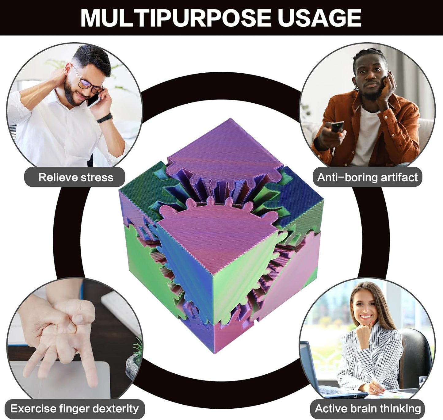 3D Printed Fidget Gear Cube - 3D Printed Cube Fidget Toy Gear, Fidget Toy, Cube Stress Anxiety Relief Toys, Relaxing Hand-Held Adults Desk Toy, for Families and Offices to Relieve Stress