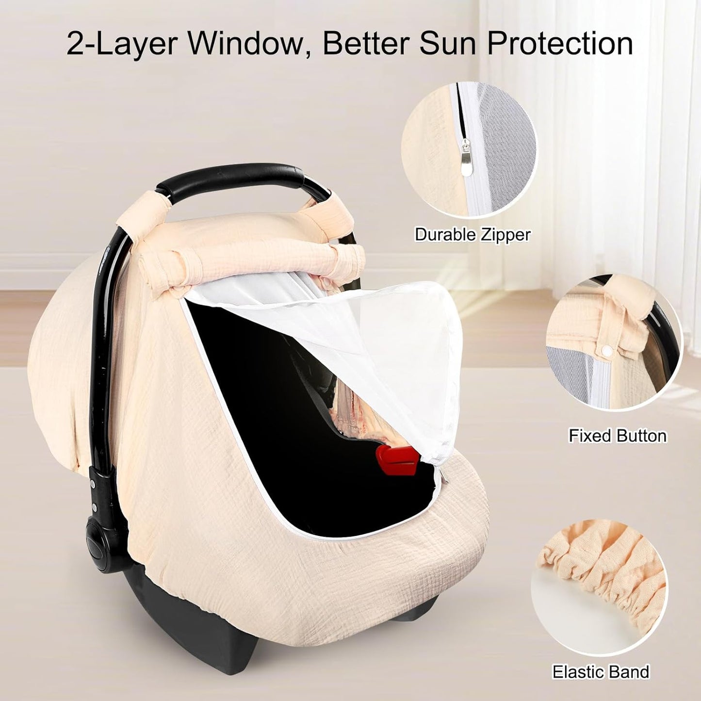 Hooyax Muslin Car Seat Cover Baby - Breathable and Privacy Car Seat Canopy with 3 Modes - Easy Install & Gift Box Packaging, Universal Fit for Infant Car Seats, Apricot