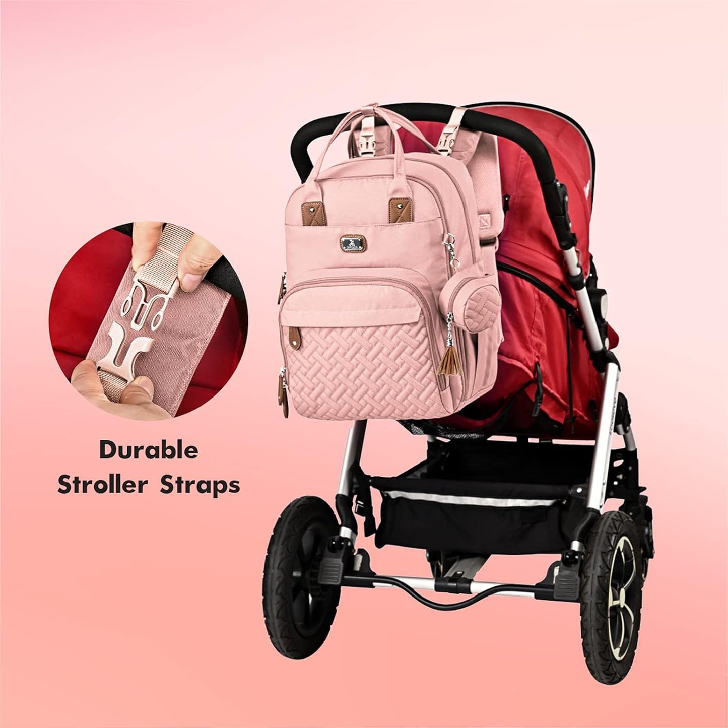 Dikaslon Diaper Bag Backpack with Portable Changing Pad, Pacifier Case and Stroller Straps, Large Unisex Baby Bags for Boys Girls, Multipurpose Travel Back Pack Moms Dads, Pink